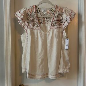 Liverpool Cream Embroidered V-Neck Flutter Sleeve Top, medium